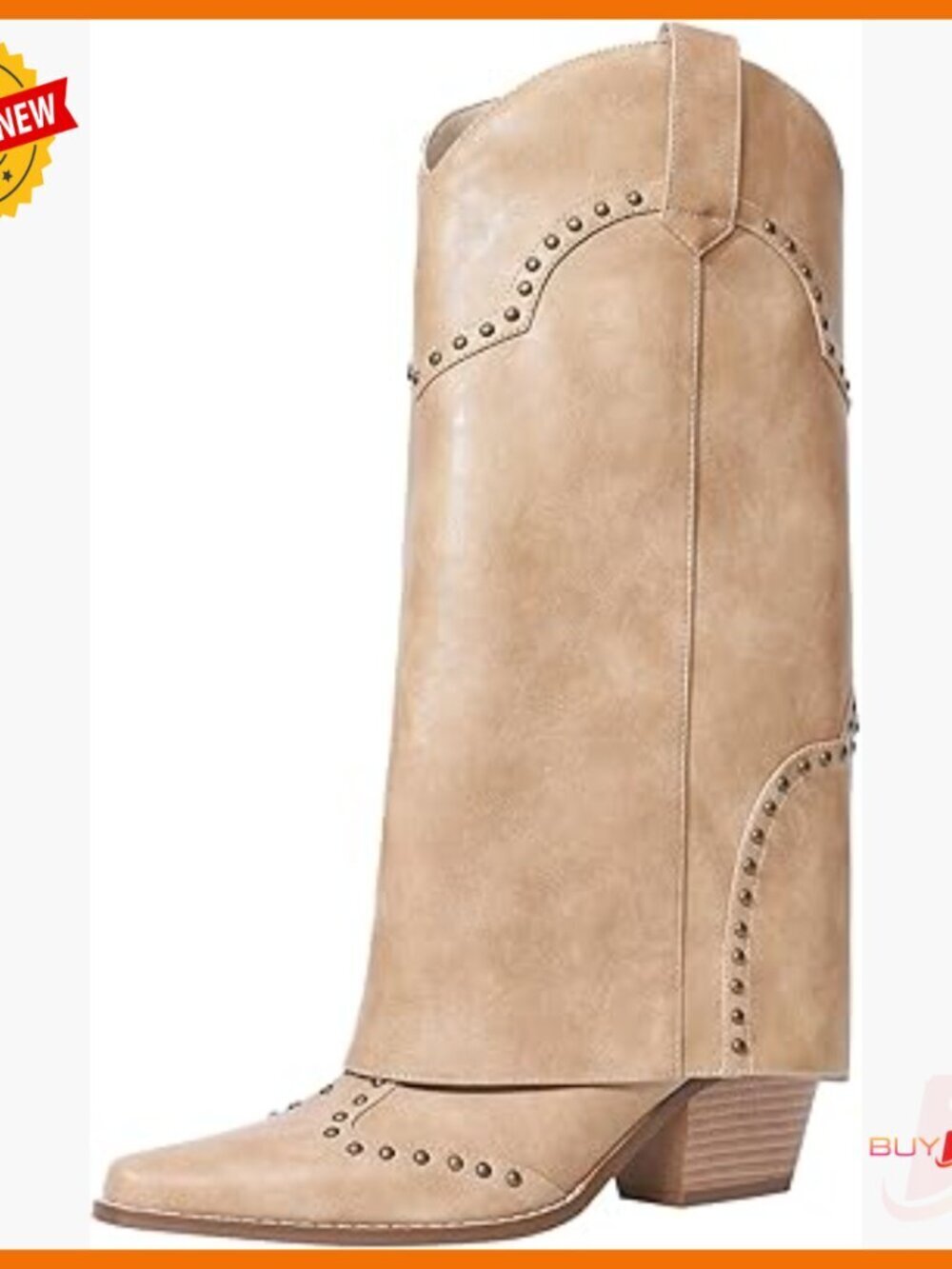 Chunky Heel Fold Over Mid Calf Boots Studded Pull On Cowboy Style